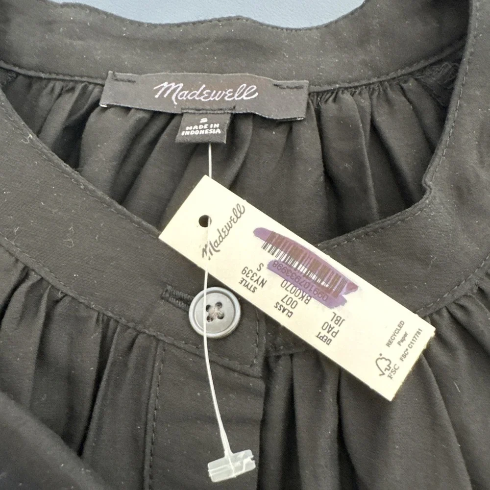 Madewell Women's S Shirred Balloon Sleeve Top Black NEW Business Office Romantic